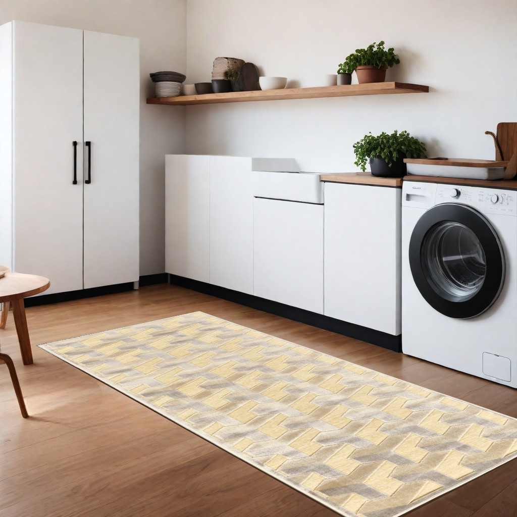 8' Tan and Gray Geometric Power Loom Runner Rug