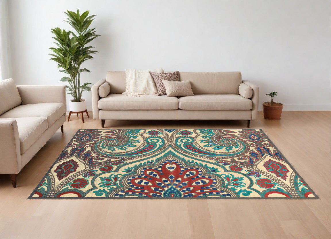 8' X 11' Tan Blue and Taupe Paisley Power Loom Area Rug
