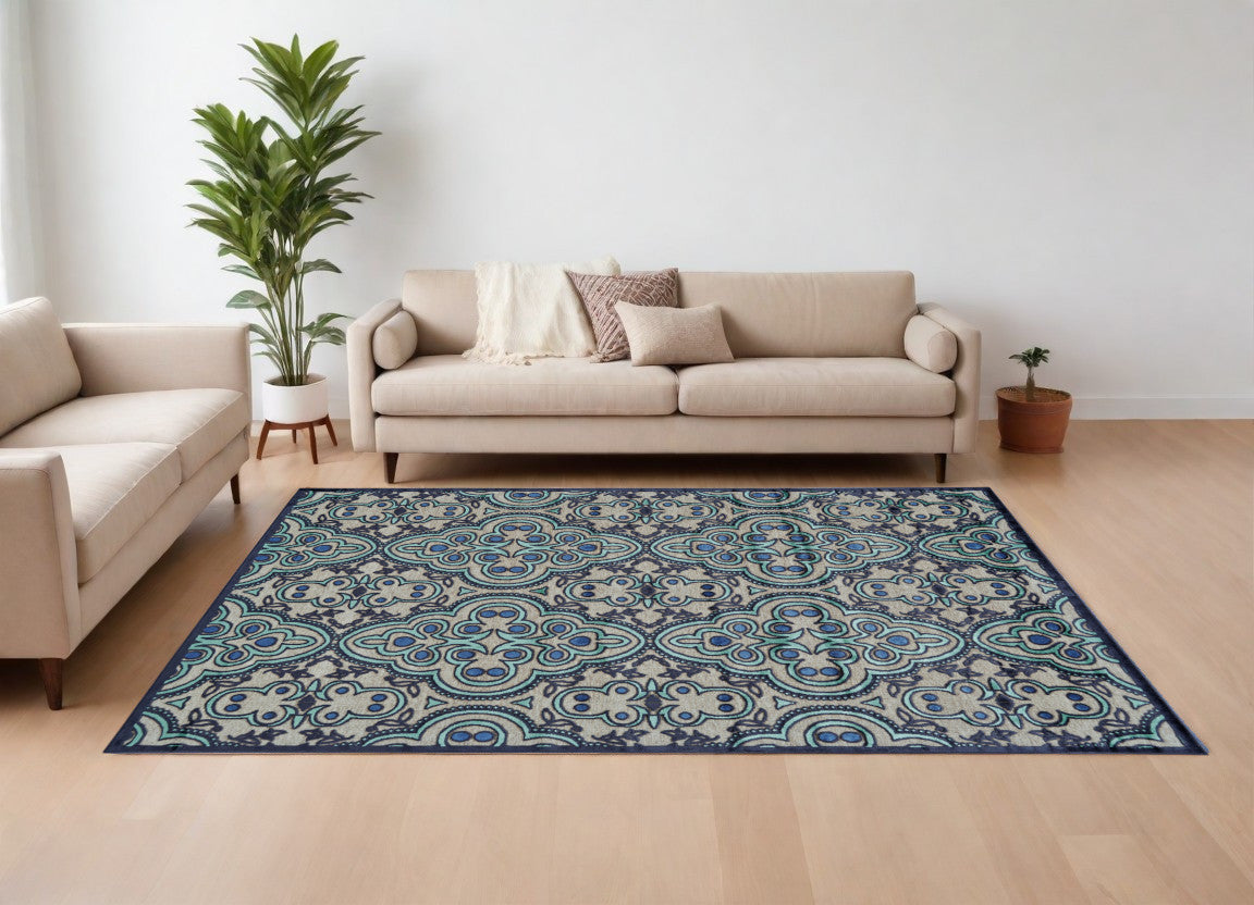 8' X 11' Tan Blue and Taupe Damask Power Loom Area Rug