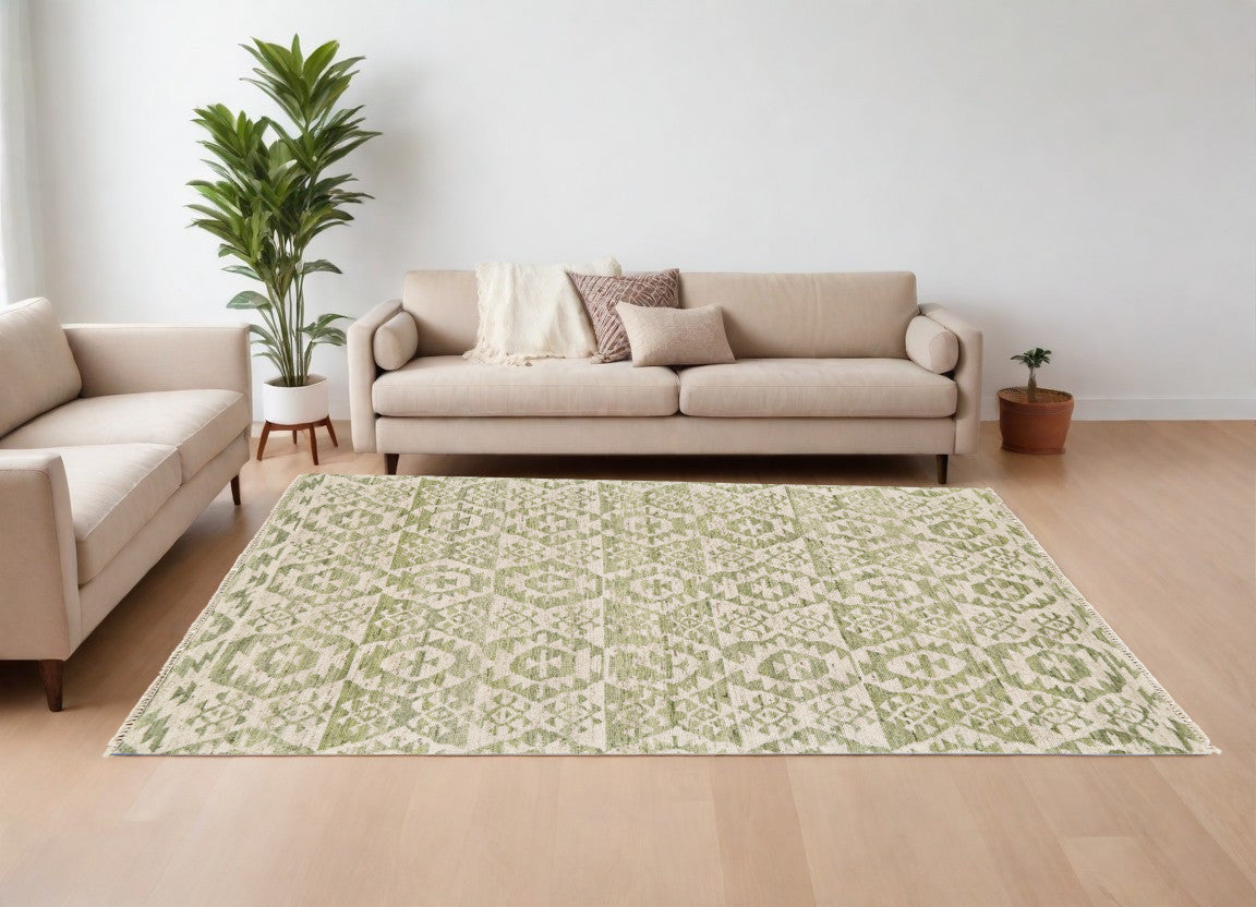 8' X 12' Green and Ivory Wool Southwestern Hand Knotted Area Rug