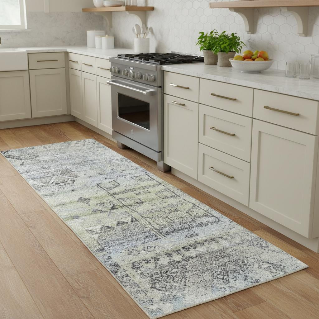 8 Green And Gray Abstract Runner Rug