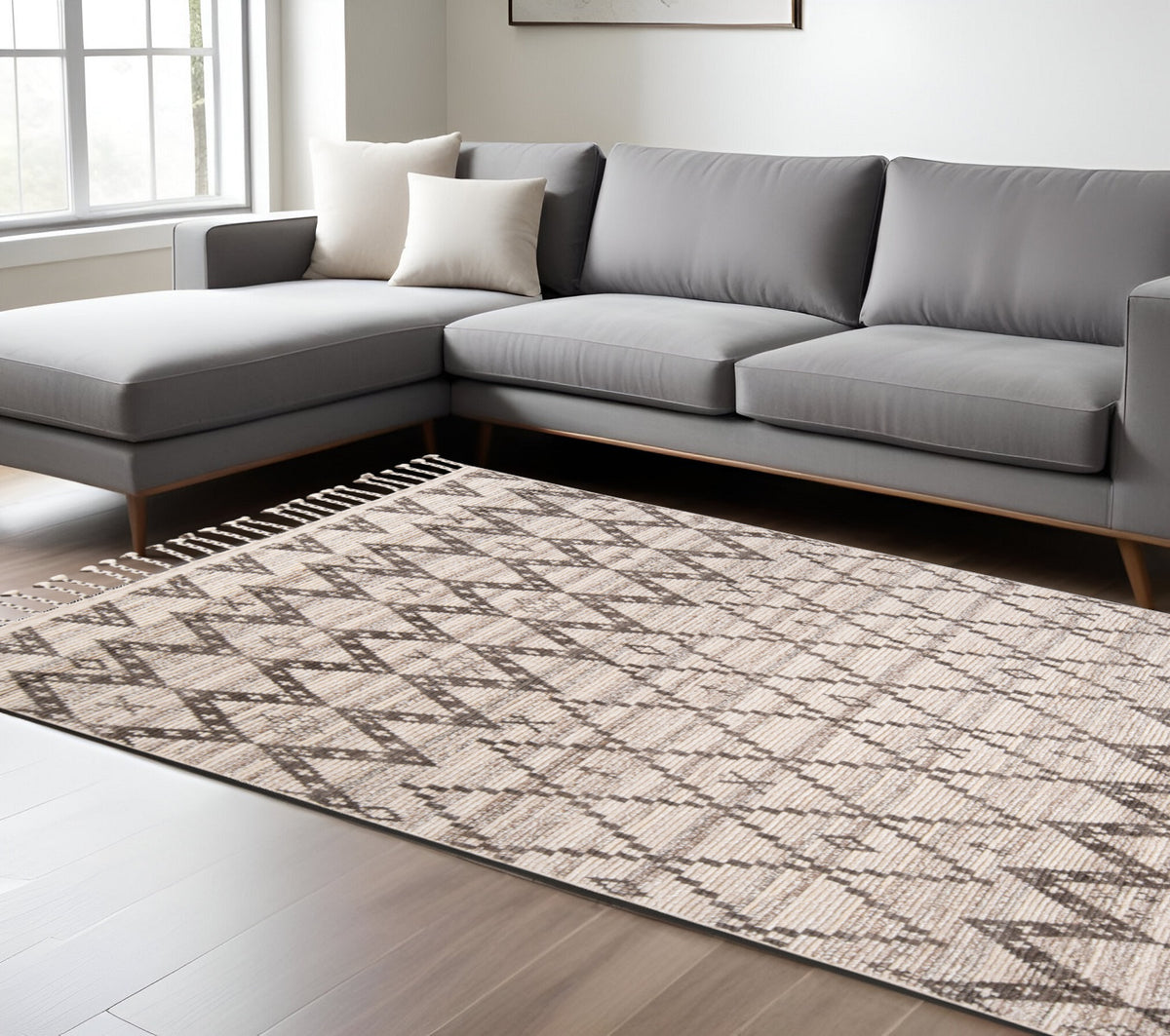 9' X 13' Taupe and Ivory Wool Geometric Hand Knotted Area Rug