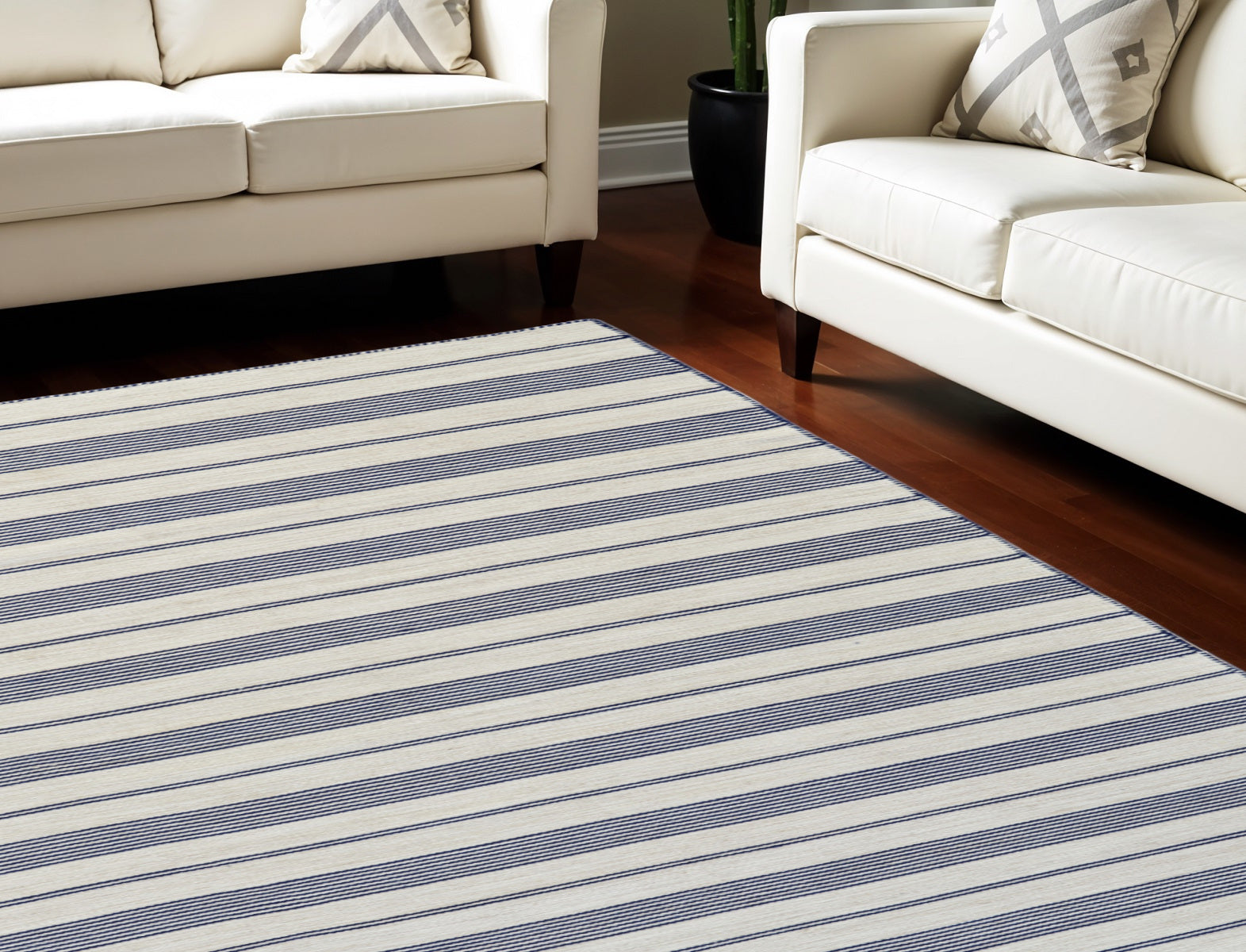 10' X 14' Ivory and Blue Striped Hand Woven Area Rug