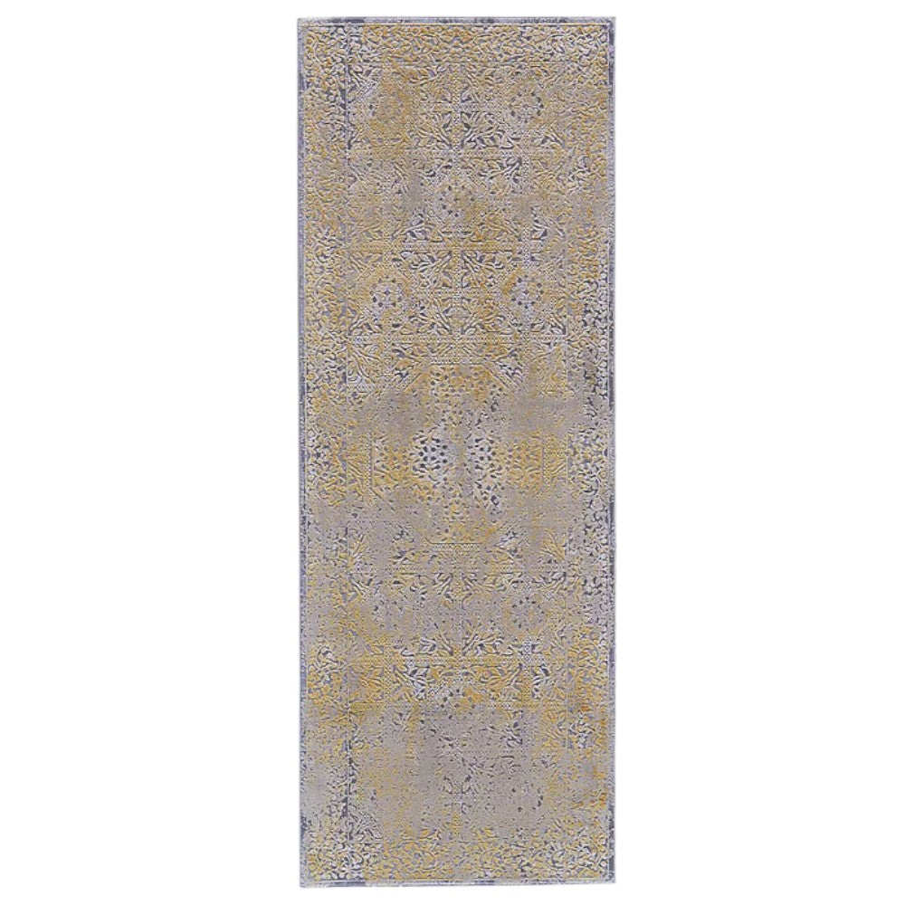 8' Gray and Gold Oriental Power Loom Worn Faded Runner Rug