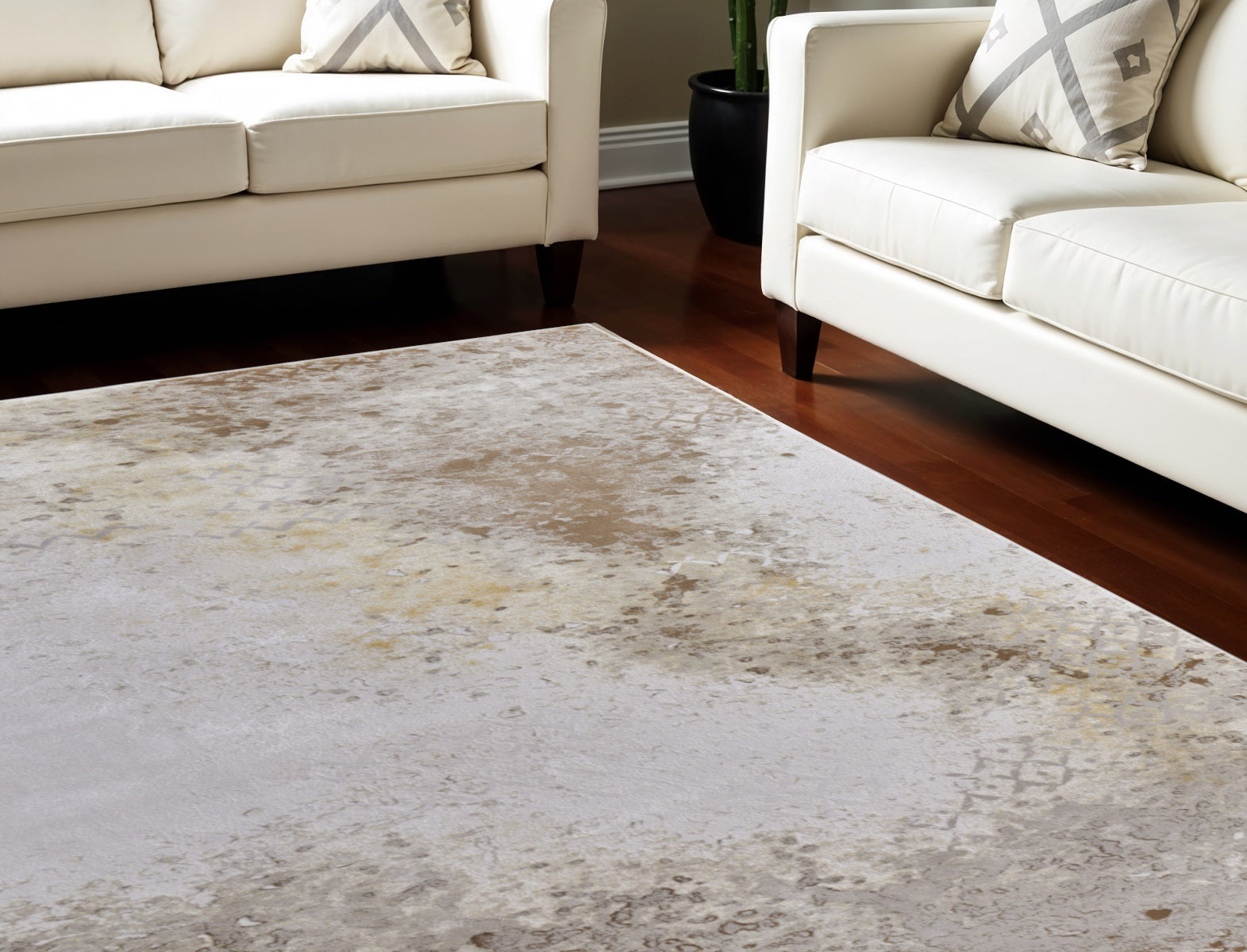 7' X 10' Tan and Ivory Abstract Power Loom Worn Faded Area Rug