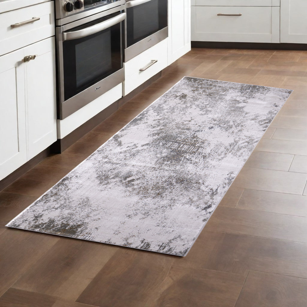 8' Gray and Silver Abstract Power Loom Worn Faded Runner Rug