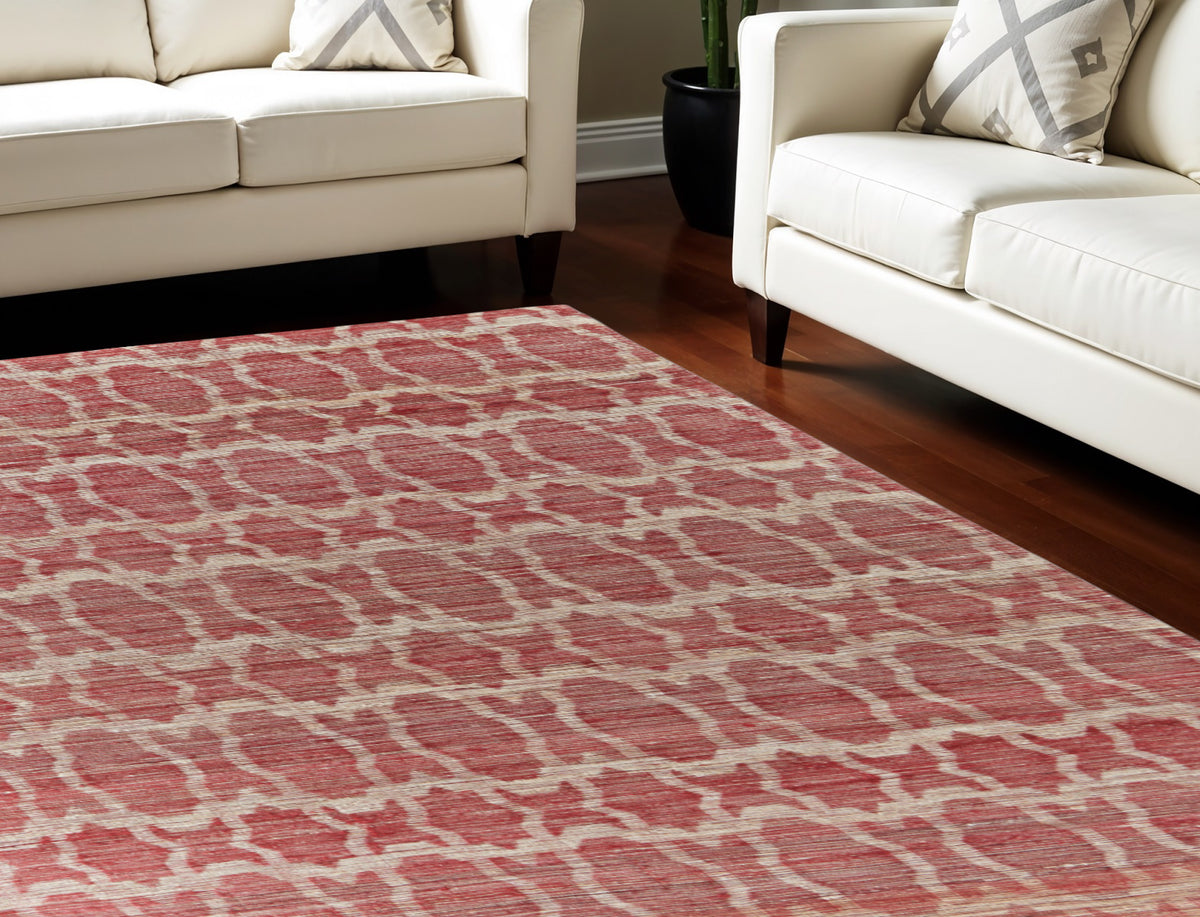 8' X 11' Red and Tan Geometric Hand Woven Area Rug