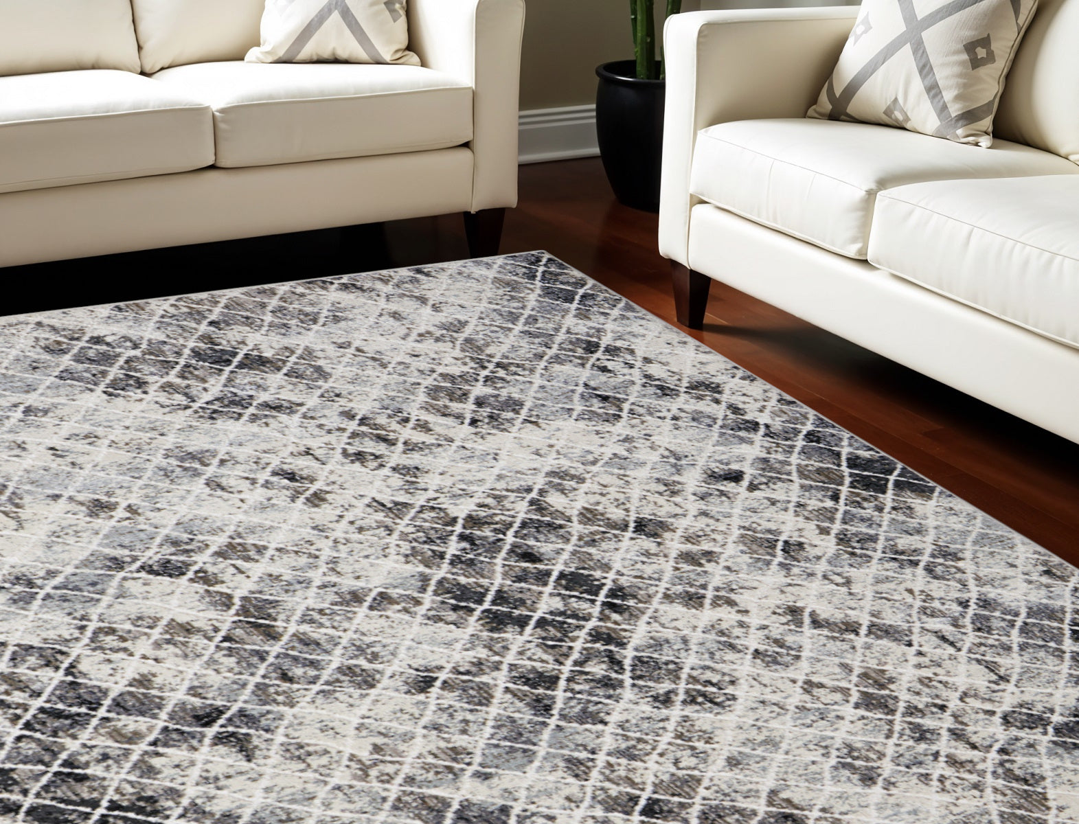 8' X 10' Gray Ivory and Taupe Geometric Power Loom Worn Faded Area Rug