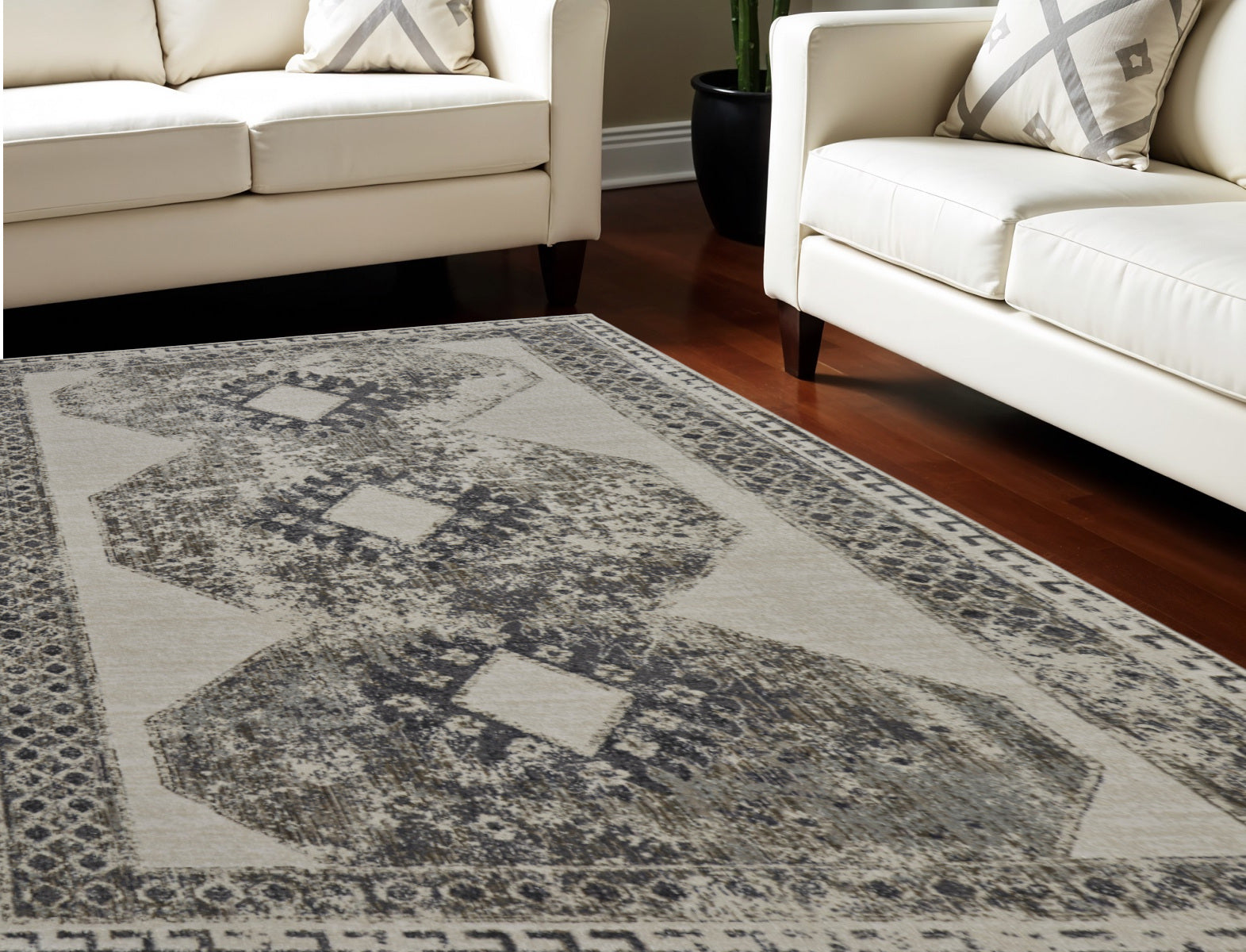 7' X 10' Gray and Ivory Abstract Power Loom Worn Faded Area Rug