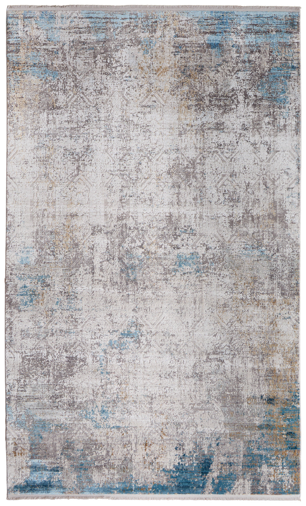 2' X 3' Ivory Gray and Blue Abstract Power Loom Area Rug With Fringe