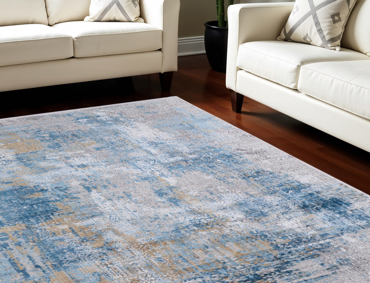 7' X 10' Blue Gold and Gray Abstract Power Loom Area Rug With Fringe