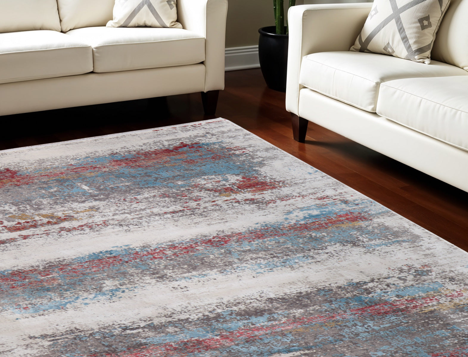 7' X 10' Gray Blue and Red Abstract Power Loom Area Rug With Fringe