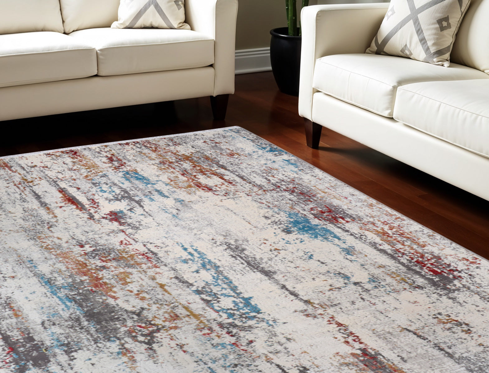 8' X 11' Gray Blue and Red Abstract Power Loom Area Rug With Fringe
