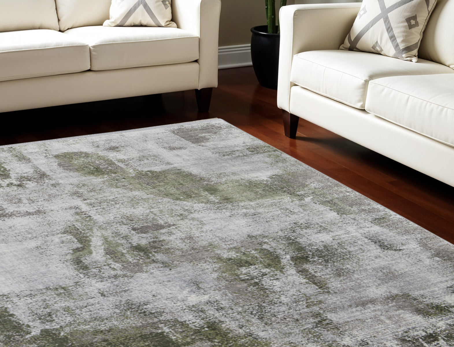 7' X 10' Gray Silver and Green Ikat Power Loom Area Rug With Fringe