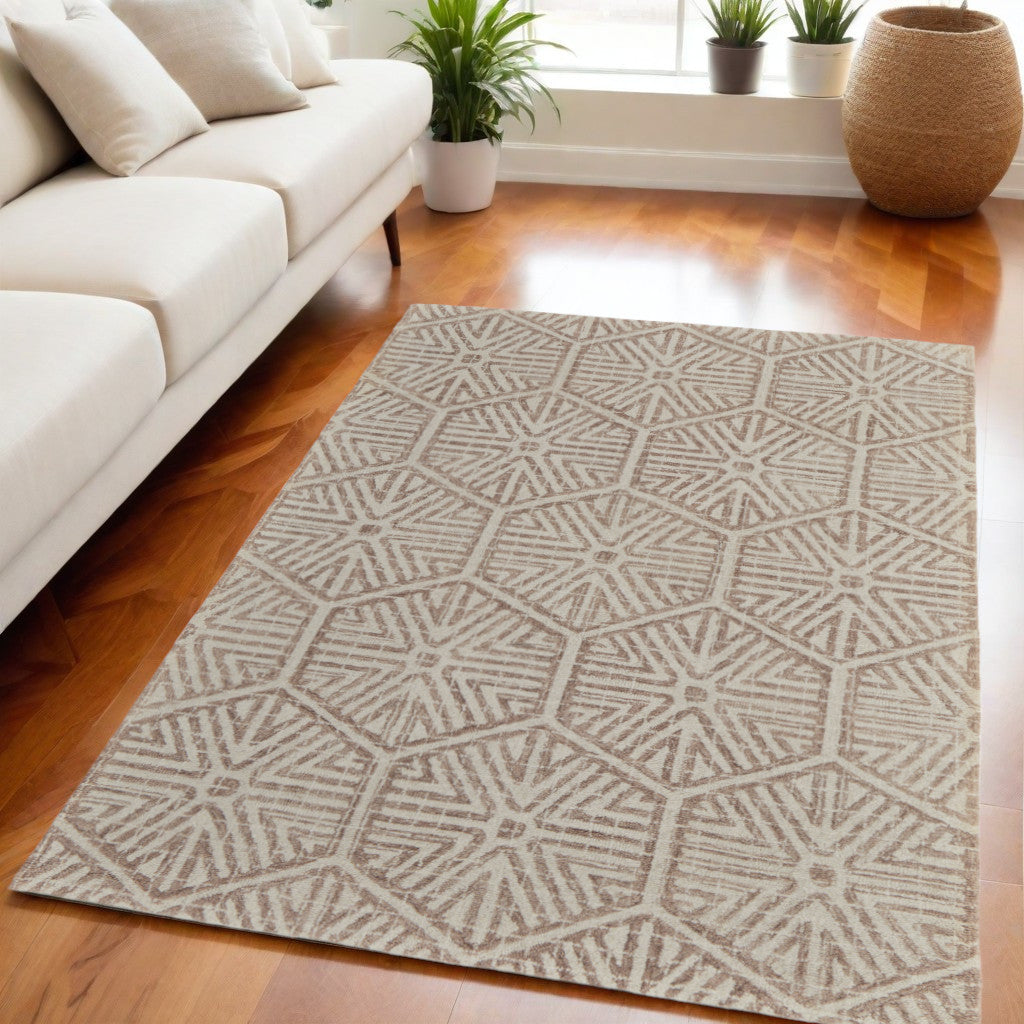 5' X 8' Brown and Ivory Wool Geometric Hand Tufted Area Rug