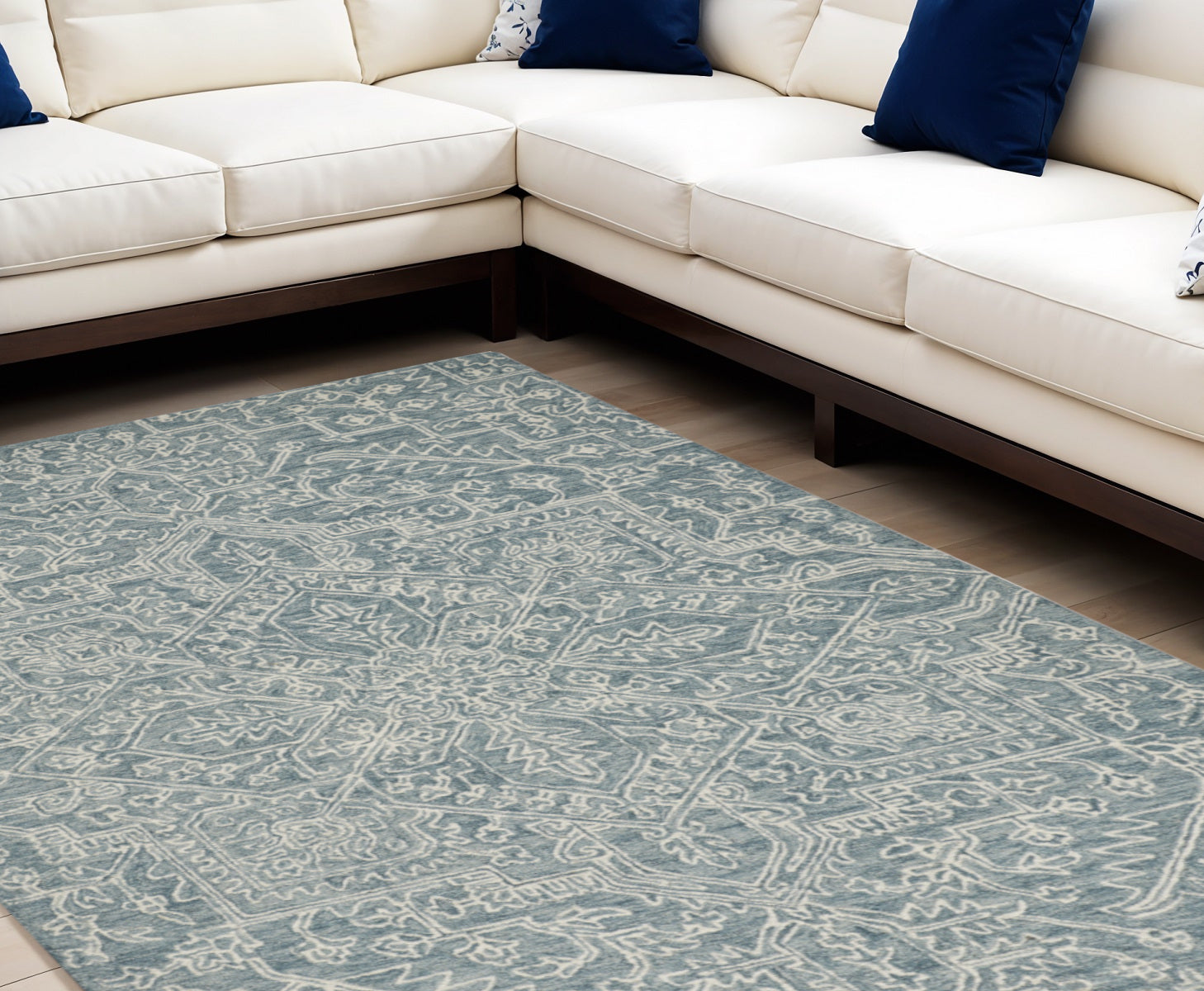 10' X 14' Green Blue and Ivory Wool Oriental Hand Tufted Area Rug