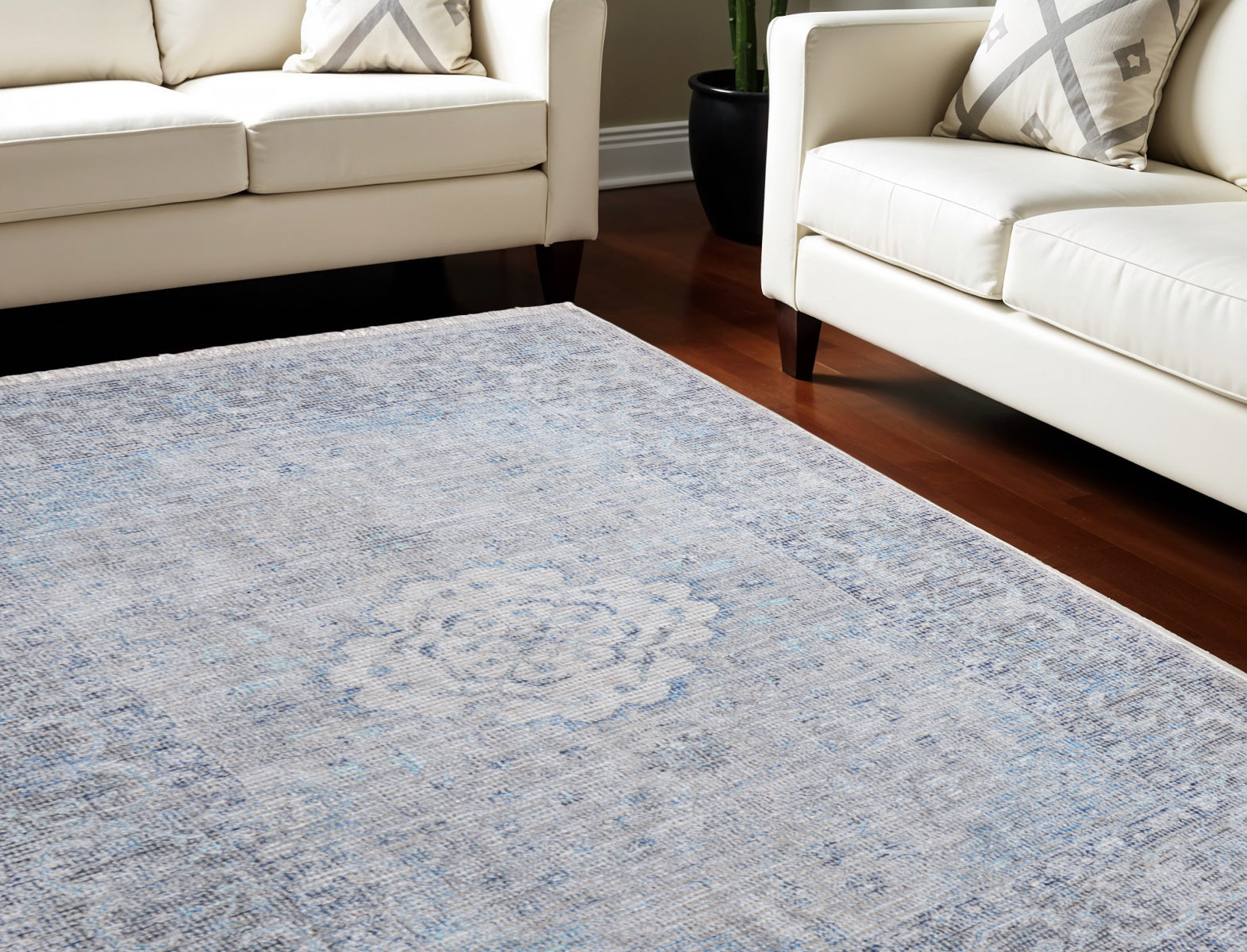 9' X 12' Gray Blue and Ivory Oriental Hand Woven Distressed Area Rug With Fringe