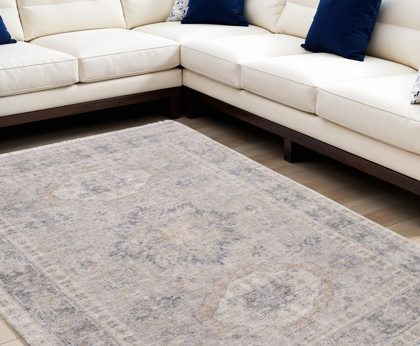 9' X 12' Tan and Gray Oriental Hand Woven Distressed Area Rug With Fringe
