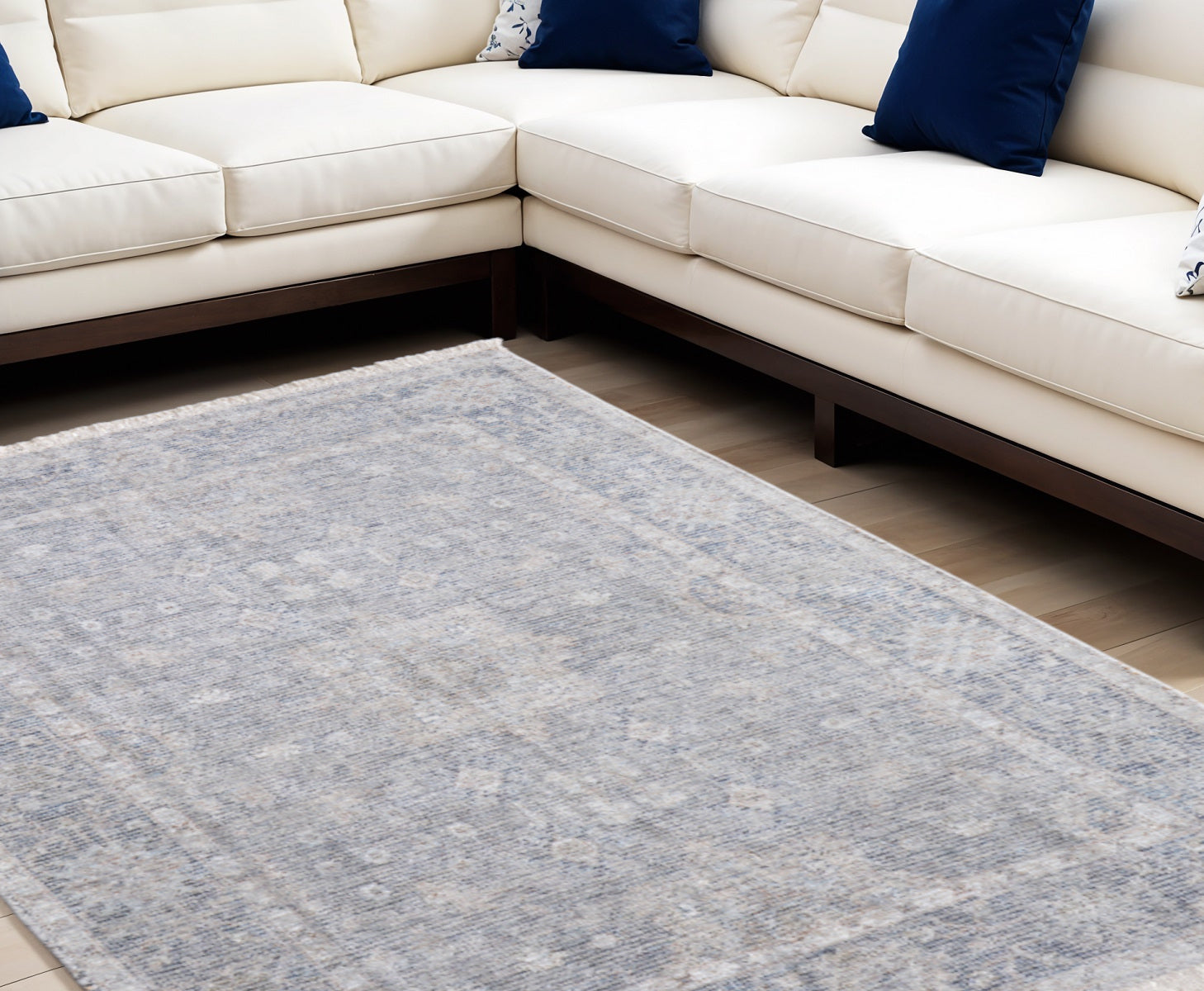 8' X 10' Gray Blue and Taupe Abstract Hand Woven Distressed Area Rug With Fringe