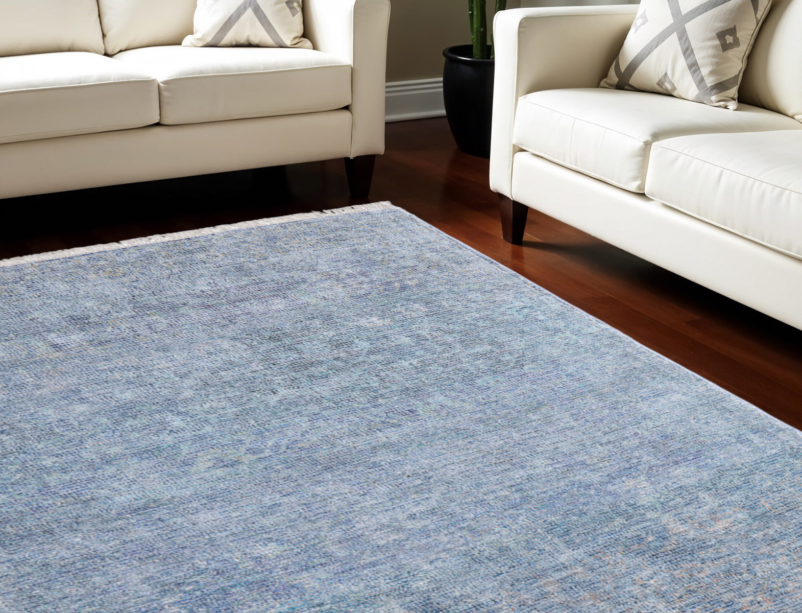 10' X 14' Blue and Gray Abstract Hand Woven Distressed Area Rug With Fringe