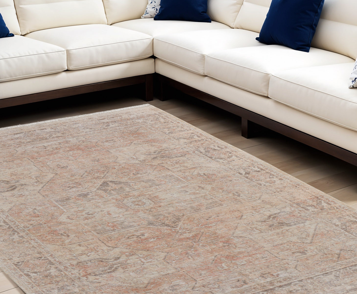 8' X 10' Tan Orange and Ivory Oriental Hand Woven Distressed Area Rug With Fringe
