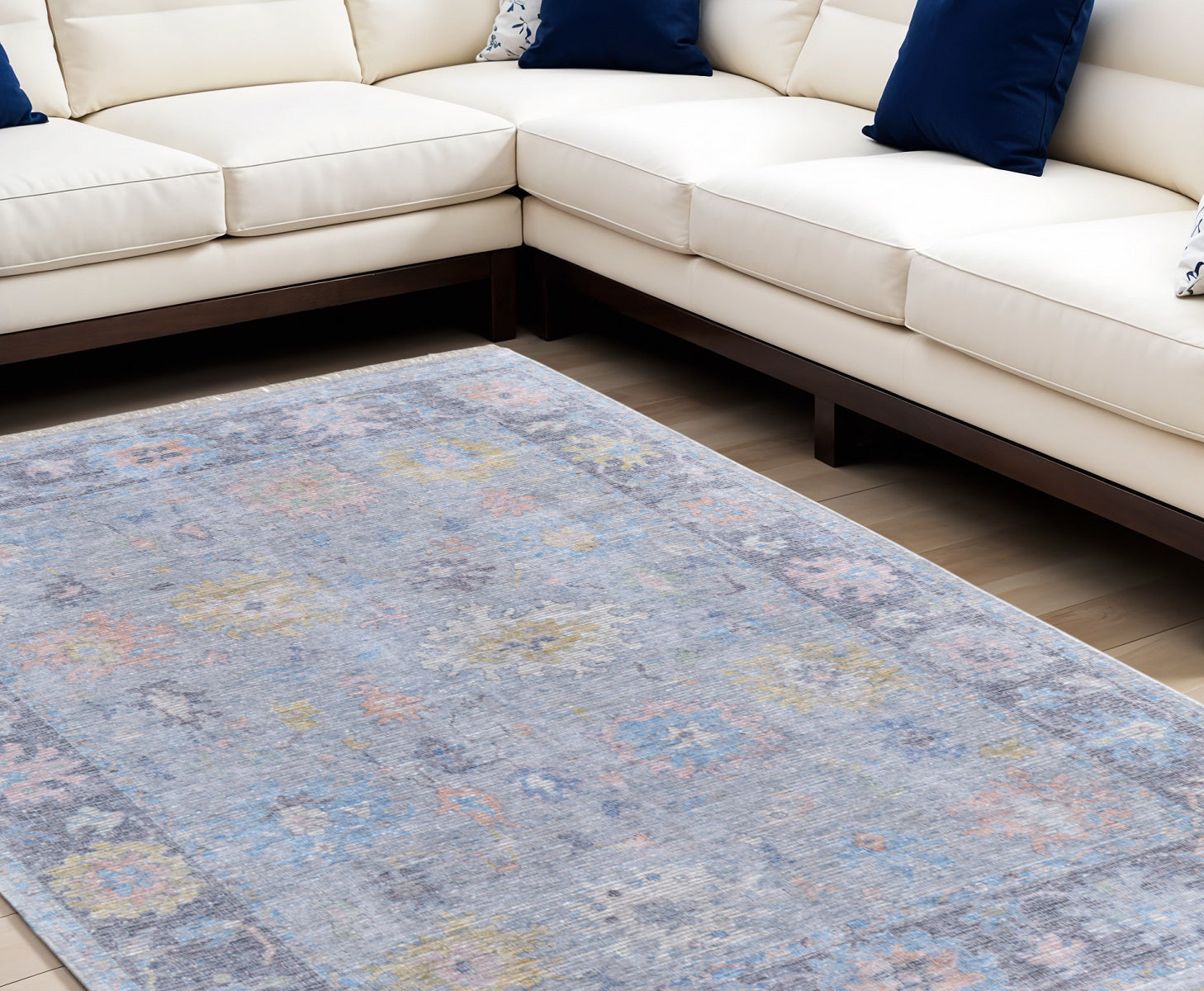 8' X 10' Orange Blue and Gold Floral Hand Woven Distressed Area Rug With Fringe