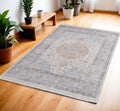 4' X 6' Ivory Blue and Orange Oriental Hand Woven Distressed Area Rug With Fringe
