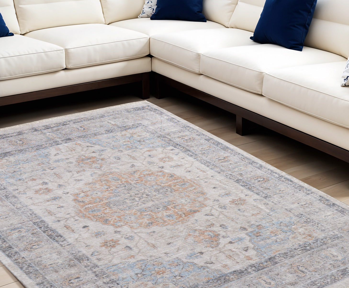 9' X 12' Ivory Blue and Orange Oriental Hand Woven Distressed Area Rug With Fringe