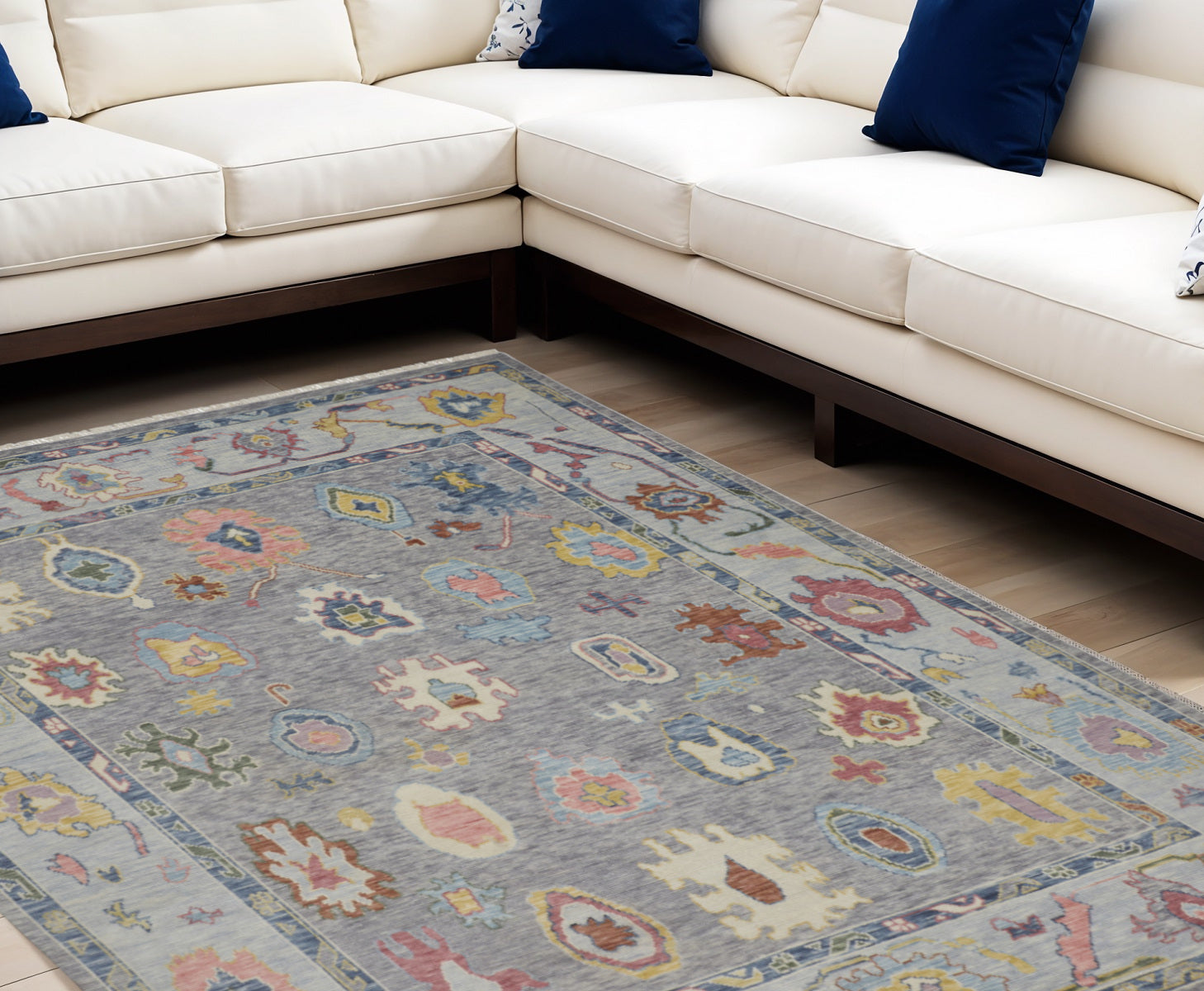 9' X 13' Gray Blue and Red Wool Oriental Hand Knotted Area Rug With Fringe