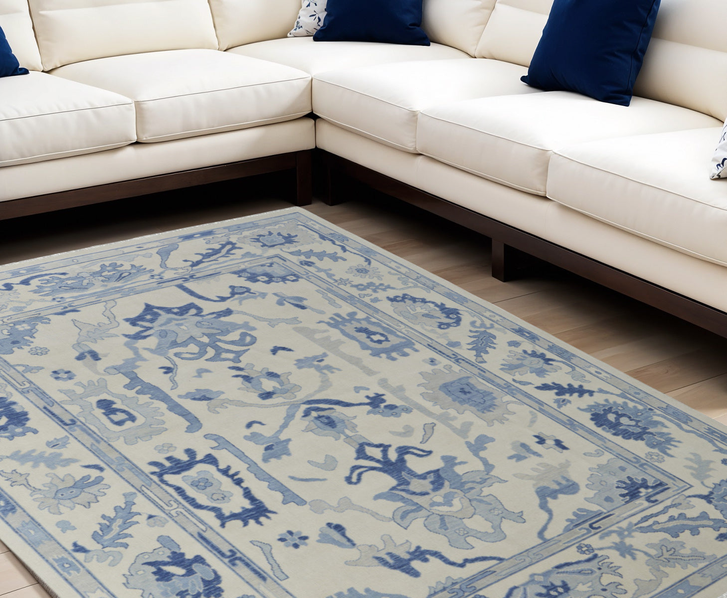 9' X 13' Ivory and Blue Wool Floral Hand Knotted Area Rug With Fringe