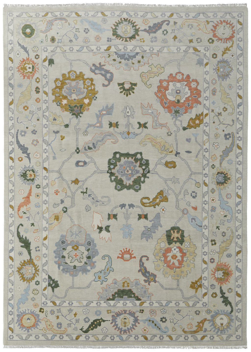 9' X 13' Gray Ivory and Gold Wool Floral Hand Knotted Area Rug With Fringe