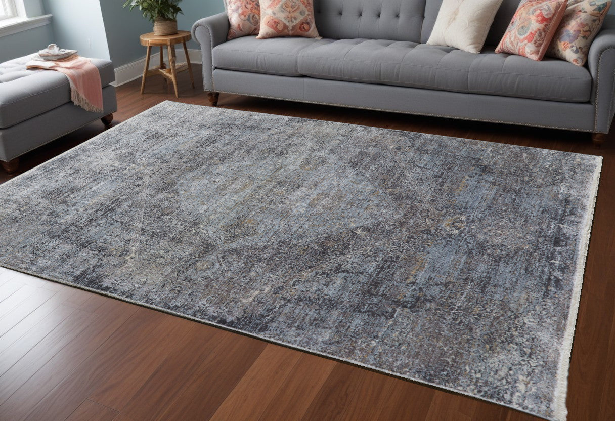9' X 13' Gray and Silver Abstract Power Loom Worn Faded Area Rug