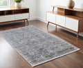 4' X 5' Gray and Silver Damask Power Loom Worn Faded Area Rug