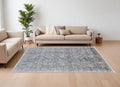 8' X 10' Gray and Silver Damask Power Loom Worn Faded Area Rug
