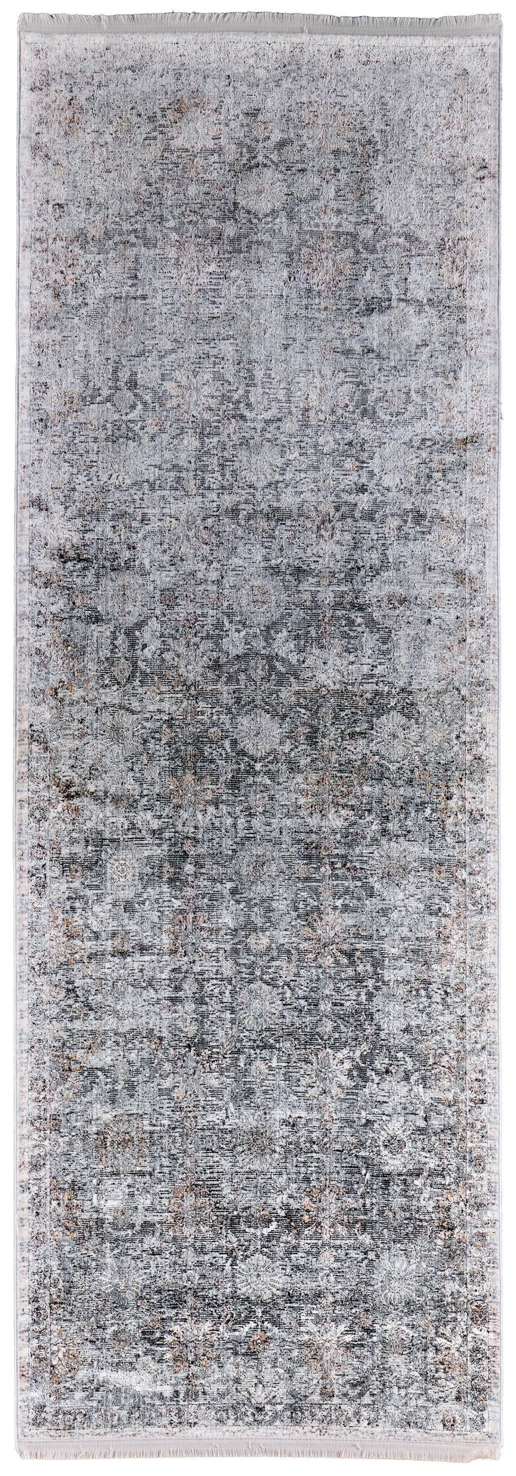 8' Gray and Silver Damask Power Loom Worn Faded Runner Rug