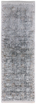 12' Gray and Silver Damask Power Loom Worn Faded Runner Rug