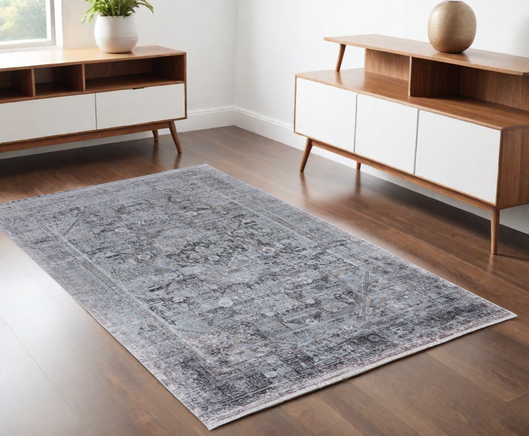4' X 5' Gray and Silver Oriental Power Loom Worn Faded Area Rug