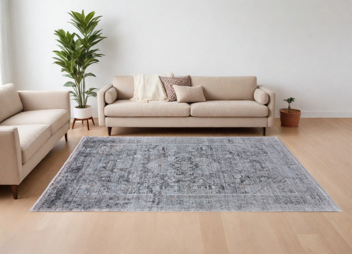 7' X 10' Gray and Silver Oriental Power Loom Worn Faded Area Rug