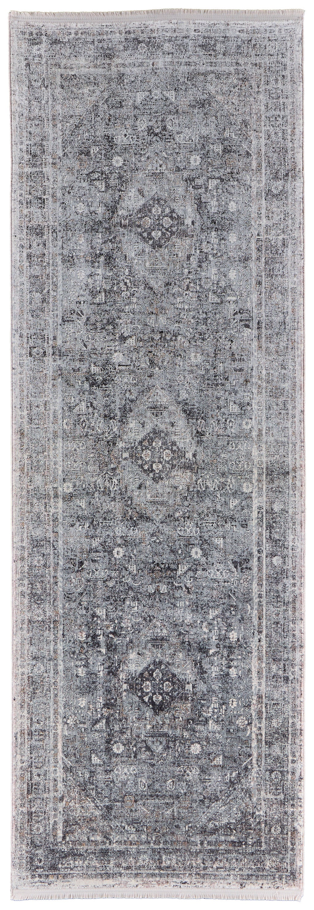 8' Gray and Silver Oriental Power Loom Worn Faded Runner Rug