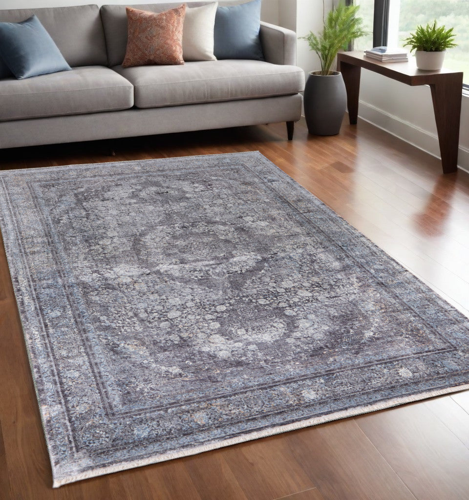 5' X 7' Gray and Silver Oriental Power Loom Worn Faded Area Rug