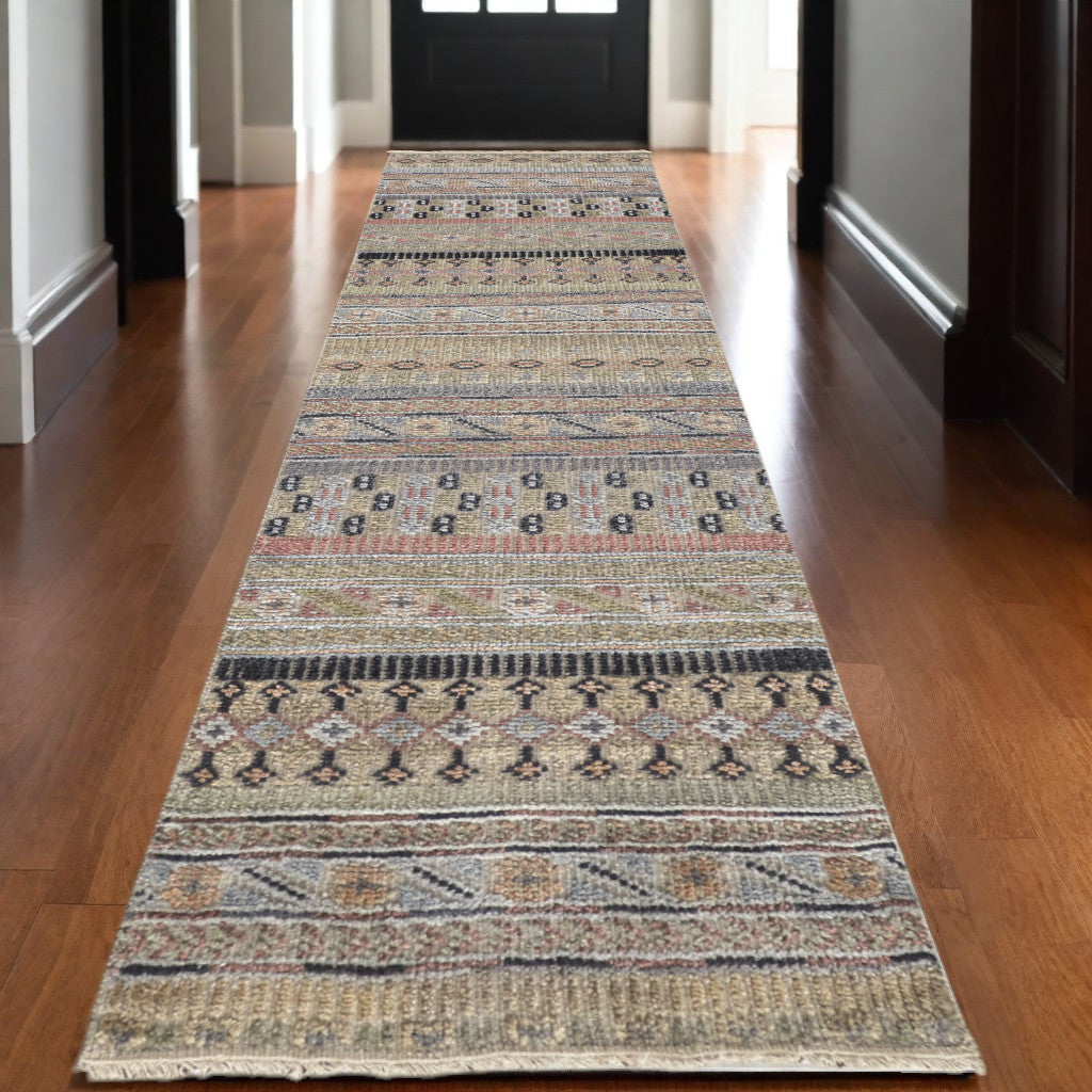 10' Tan Blue and Orange Striped Hand Knotted Runner Rug