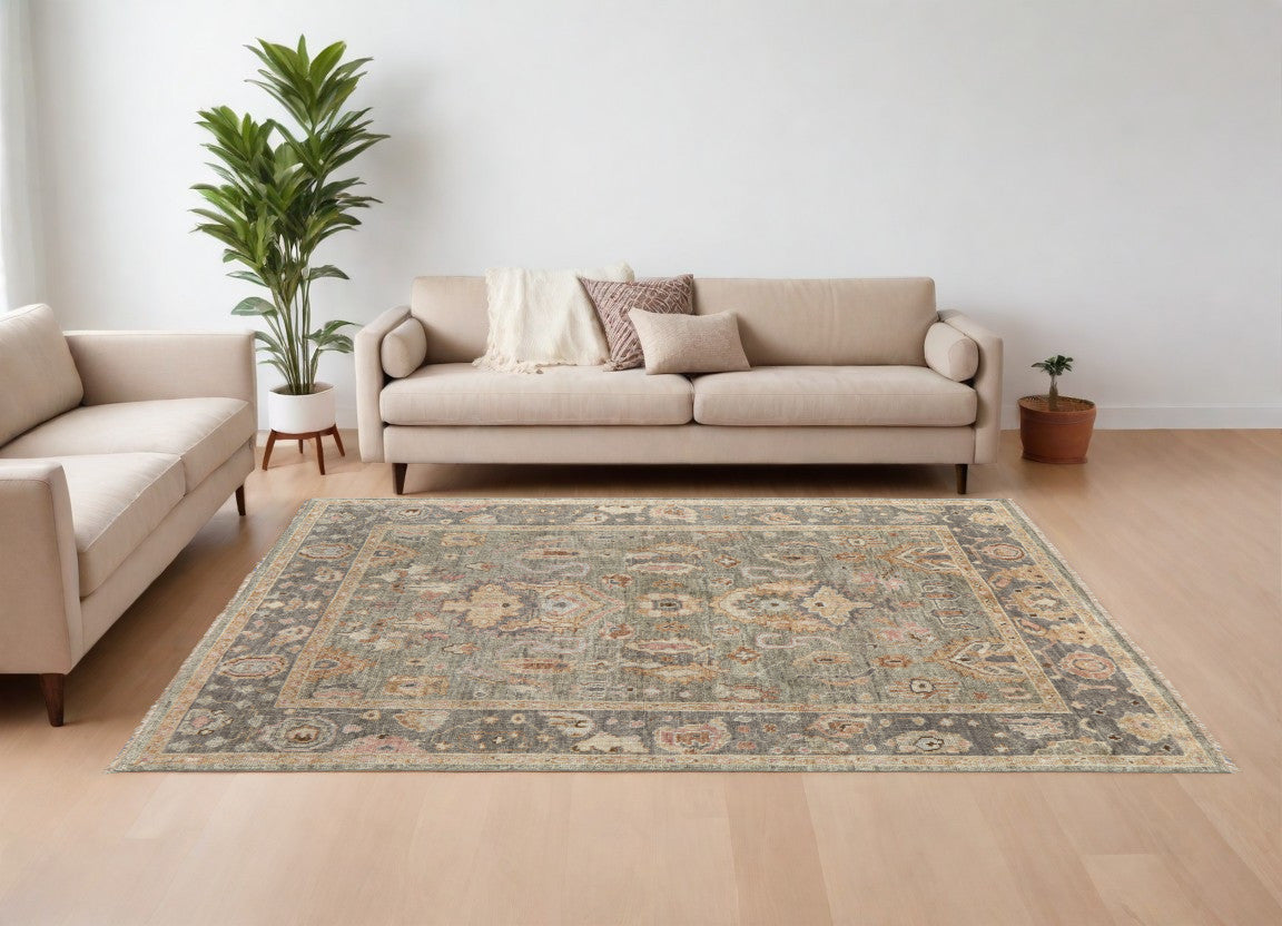 8' X 12' Gray and Gold Wool Oriental Hand Knotted Area Rug With Fringe