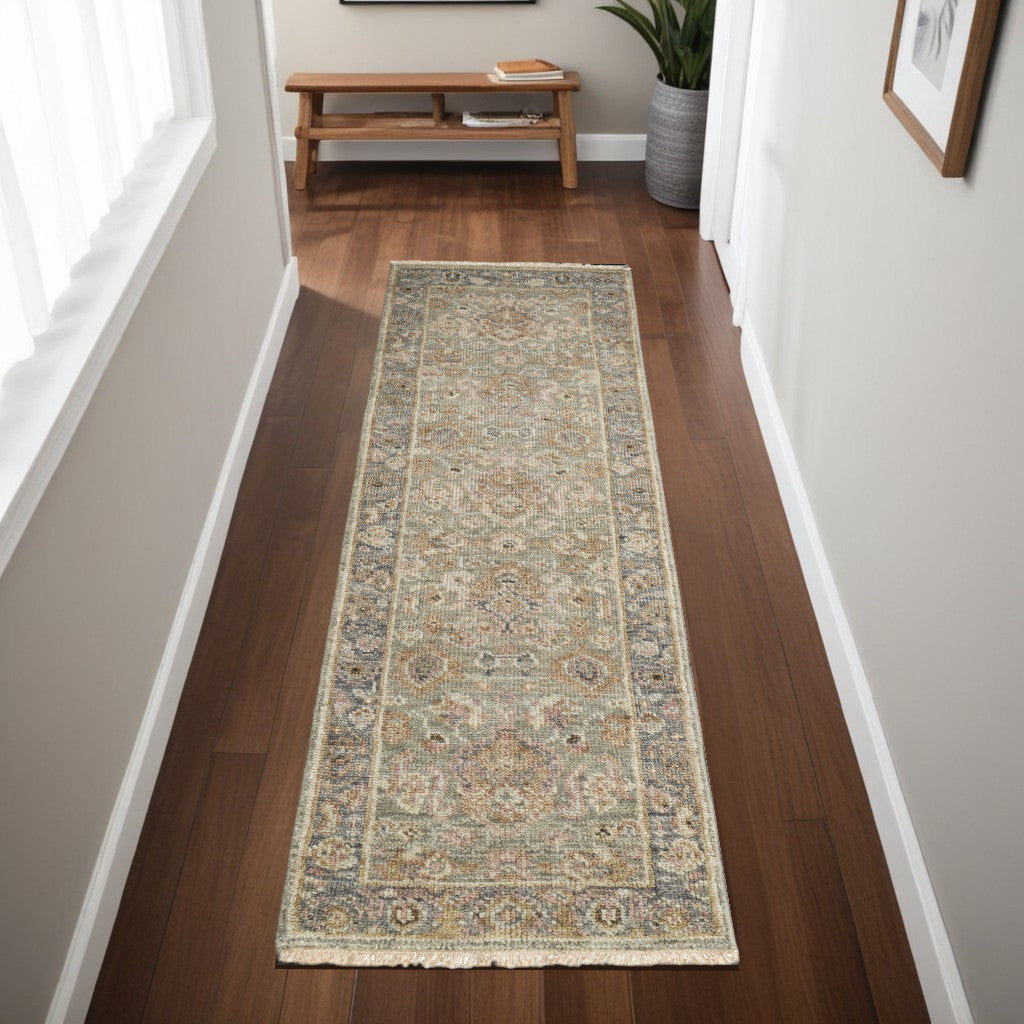 8' Gray and Gold Wool Oriental Hand Knotted Runner Rug With Fringe