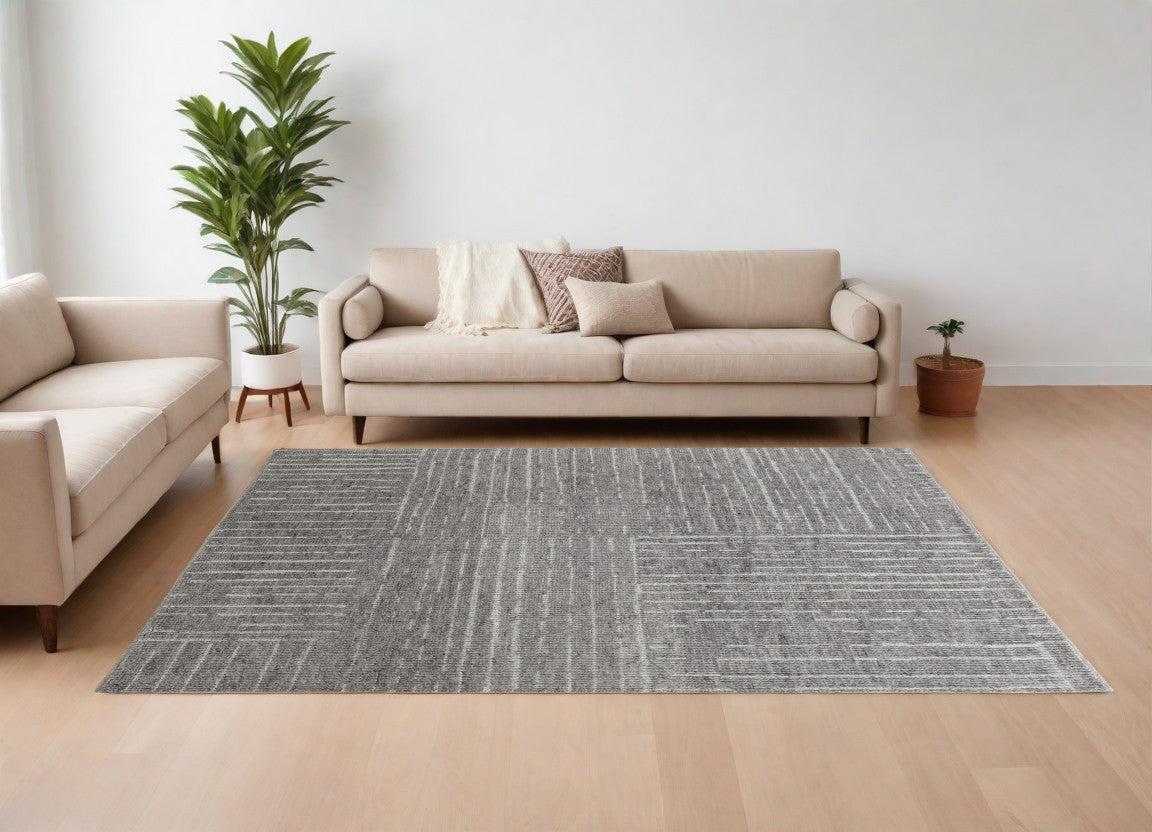 9' X 13' Gray and Ivory Wool Checkered Hand Knotted Worn Faded Area Rug