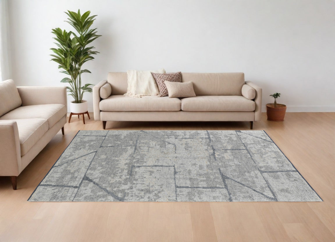 8' X 12' Gray and Silver Wool Abstract Hand Knotted Worn Faded Area Rug