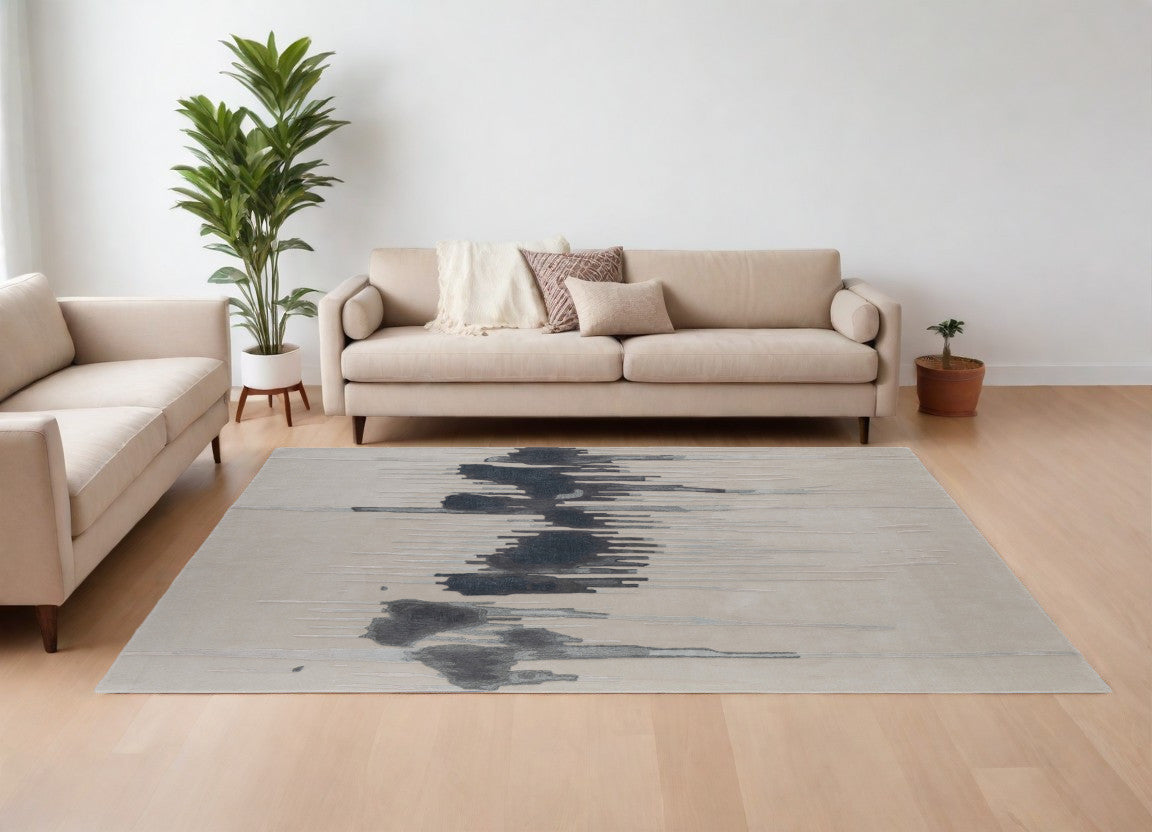 9' X 12' Gray Ivory and Blue Abstract Hand Tufted Area Rug