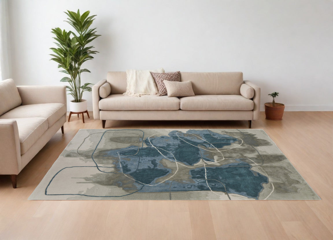 9' X 12' Blue and Gray Abstract Hand Tufted Area Rug