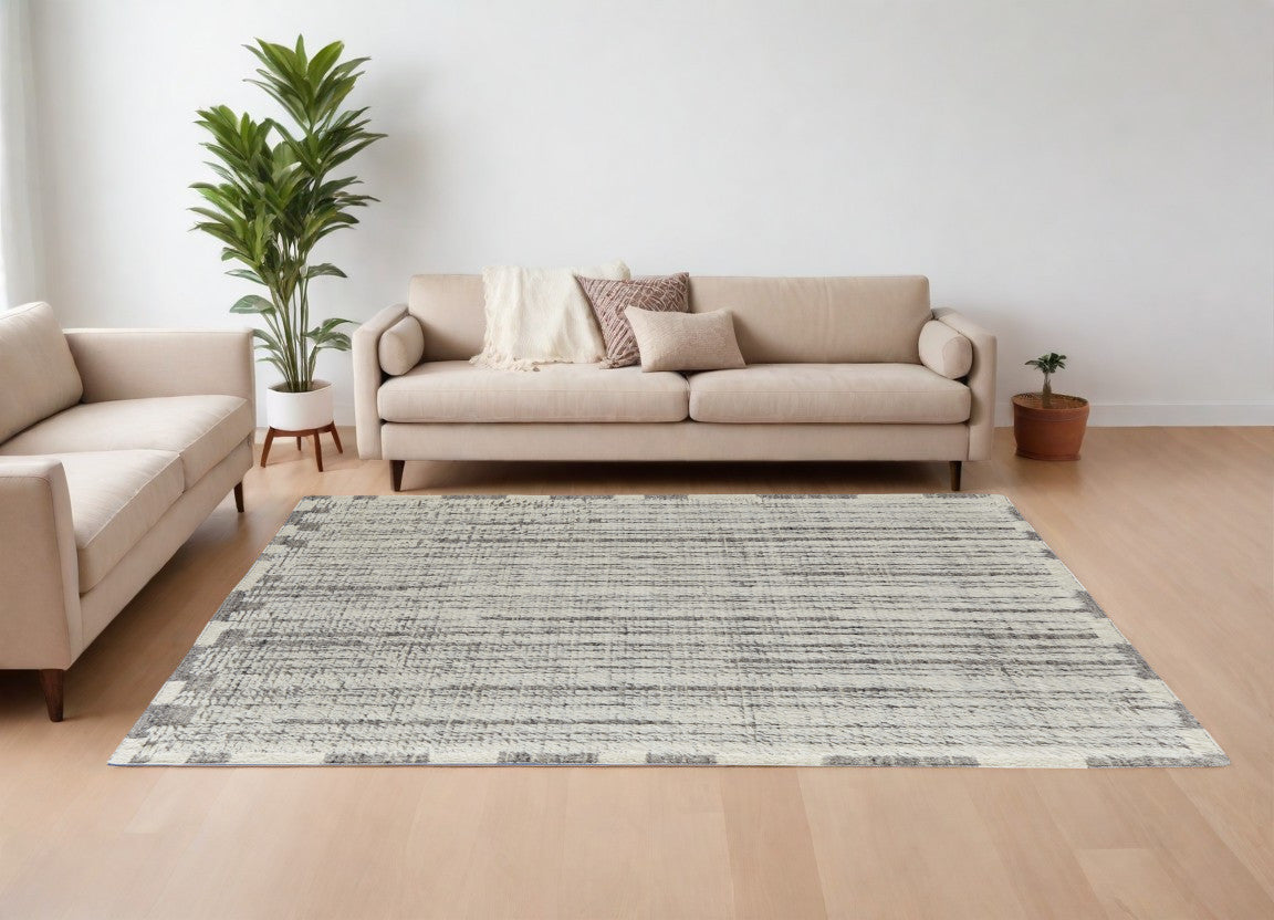 8' X 12' Gray and Ivory Wool Striped Hand Woven Area Rug
