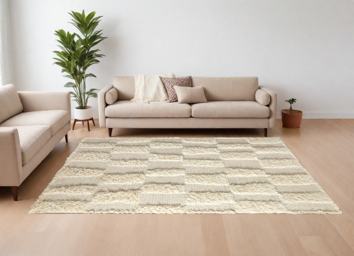 9' X 13' Ivory Wool Geometric Hand Woven Area Rug