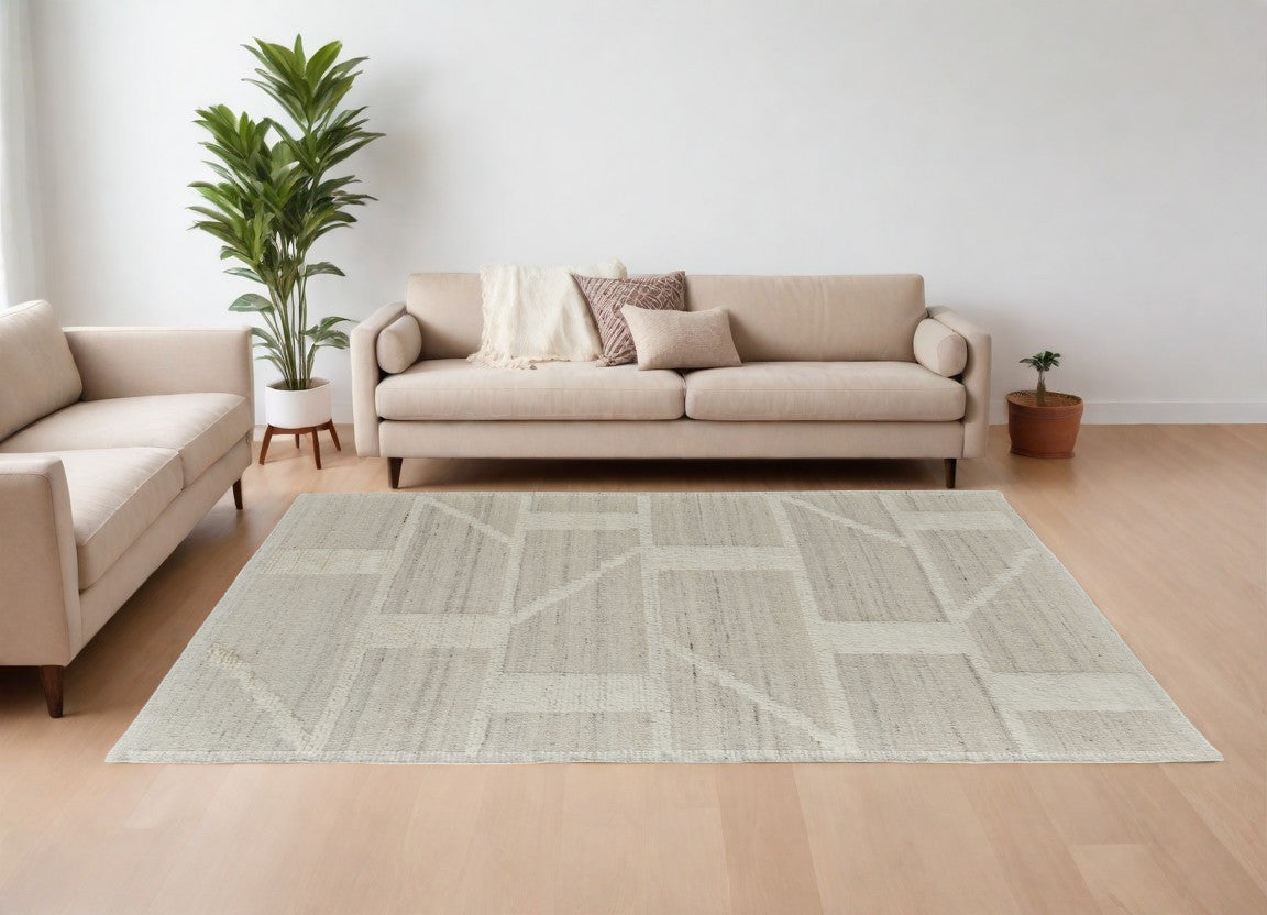 8' X 12' Tan and Ivory Wool Geometric Hand Woven Area Rug